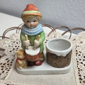 Vintage 80s Ceramic Drummer‎ Boy Figurine with Teddy Bear Holiday Votive Holder
